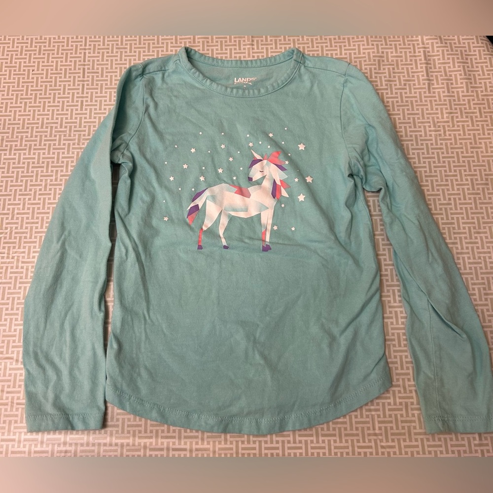 Girl’s Lands End Teal Blue Green Unicorn Long Sleeve Cotton T-Shirt Size Medium